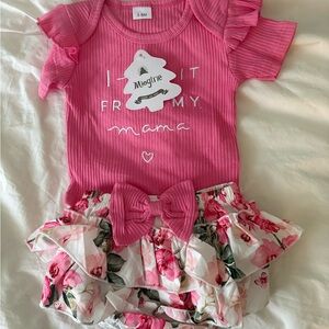 Pink Ribbed Ruffle Baby Onesie with Floral Skirt